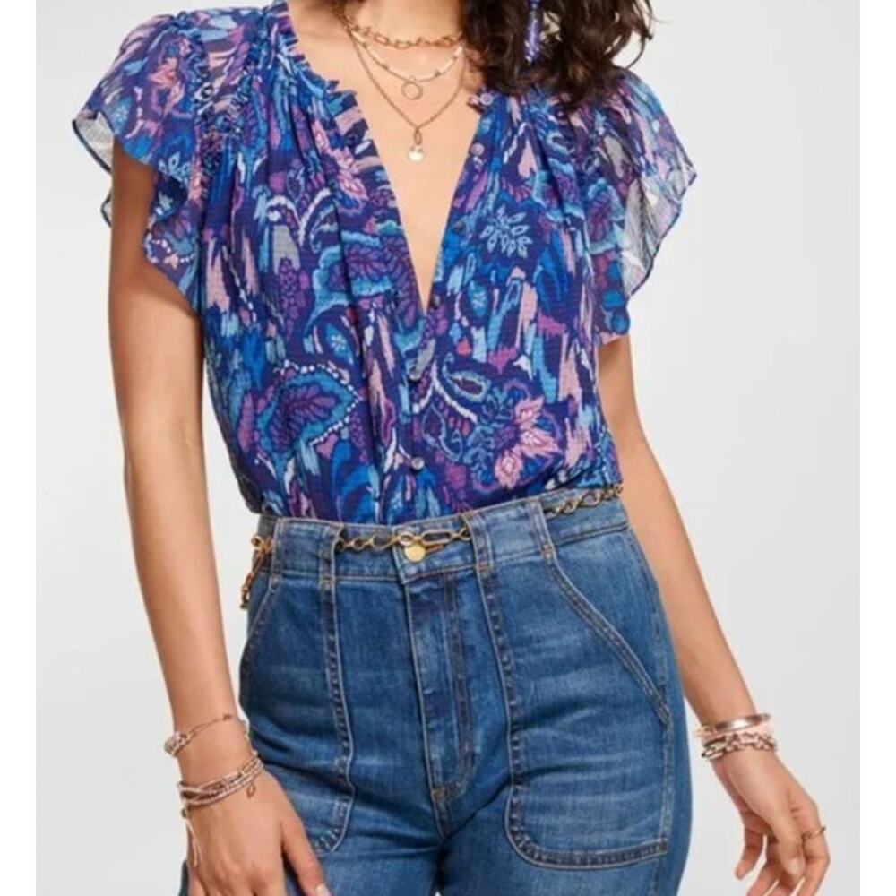 RAMY BROOK Top NEW Size S Ember Blouse Purple Blue Printed Button Front